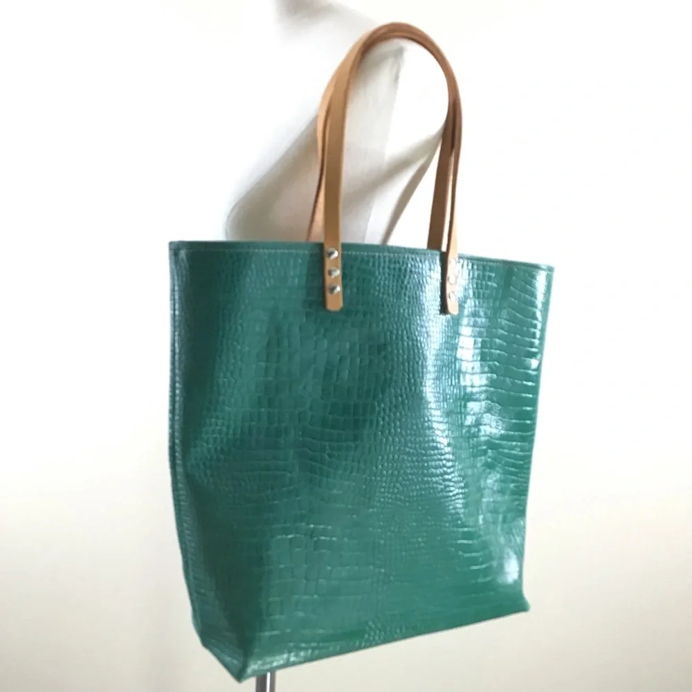 Handmade Tote Bag croc embossed green tan leather large handbag New